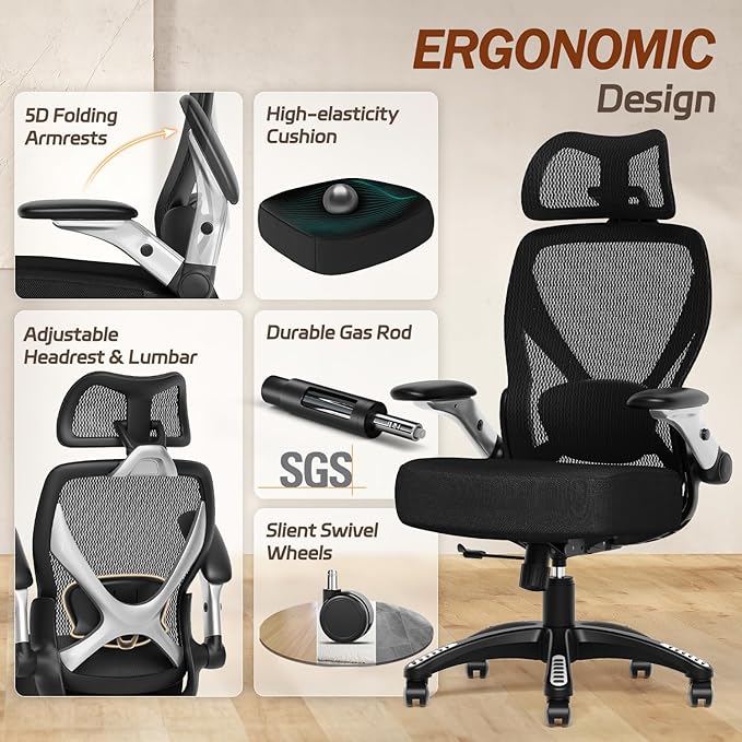 GABRYLLY Ergonomic Office Chair, Big and Tall Computer Desk Chair - 5D Folding Arms, 135° Tilt, Large & Thick Foam Seat, Adjustable Lumbar Support, 3D Functional Headrest, Heavy Duty Home Mesh Chair