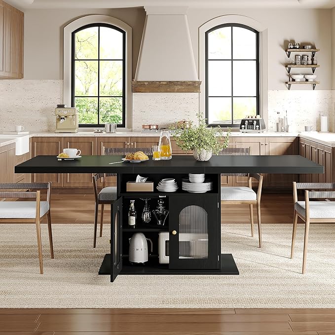 HSH Black Dining Table for 4 to 6, Modern Kitchen Dining Room Table with 3-Tier Storage Shelf and Acrylic Door Cabinet, Rectangular Wooden Dinner Tables for Home Kitchen Living Room, Black Oak，63 in