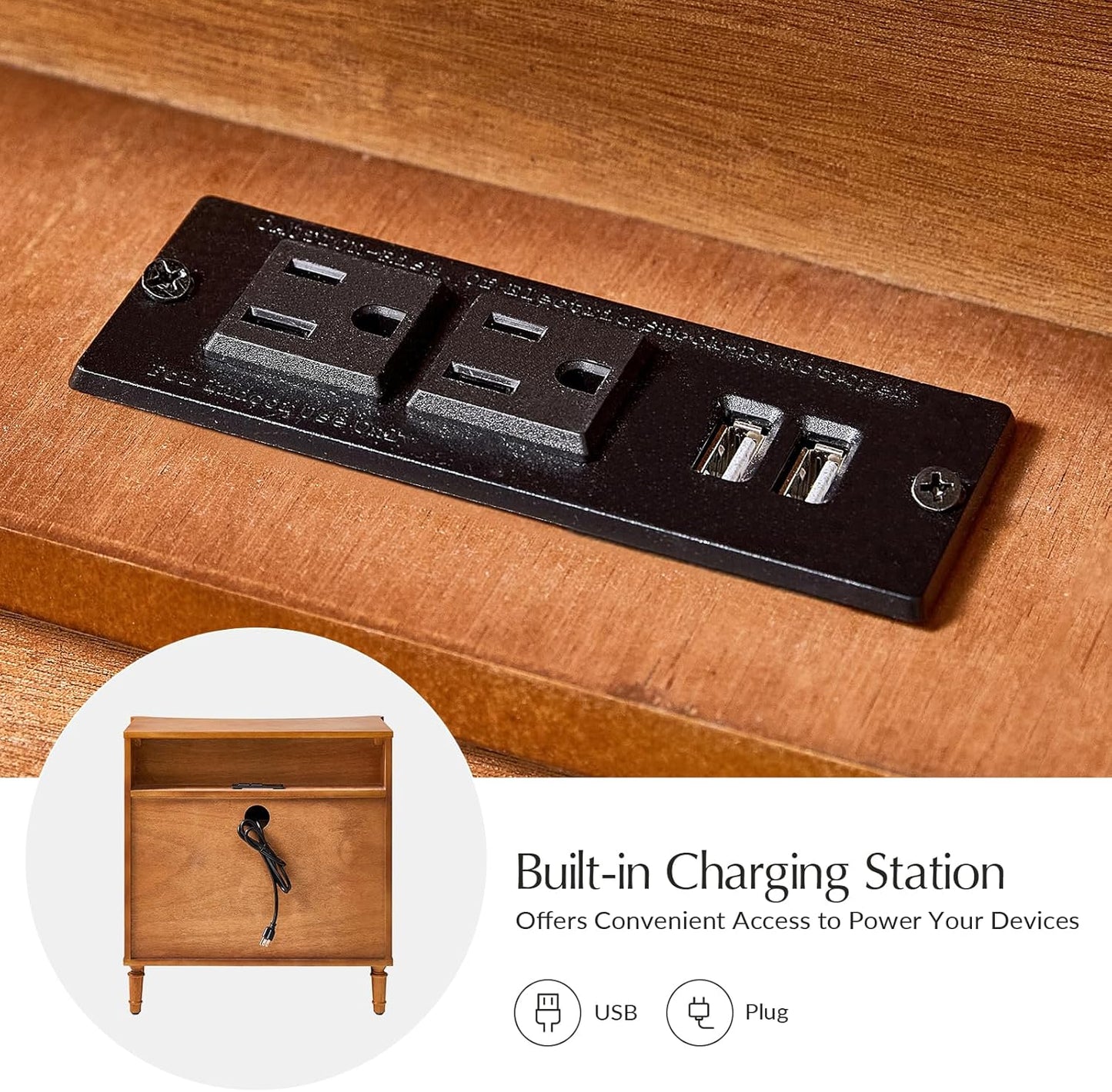 HULALA HOME 3 Drawer Nightstand with Charging Station, 26" Wide Nightstand with Solid Wood Legs and Curved Profile, Classic Bedside Table for Living Room Bedroom, Acorn