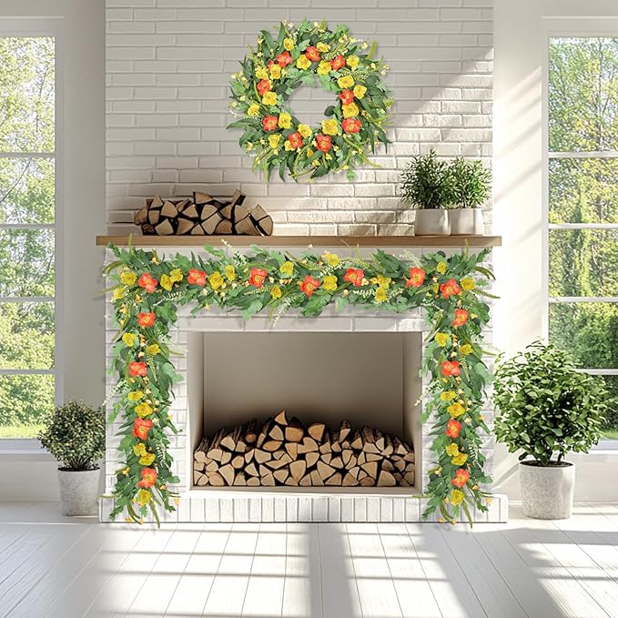 6FT Summer Garland for Decoration, Summer Green Eucalyptus Flower Garlands for Mantle Table Wedding Decor, Fake Vines Greenery Easter Garland Room Garden Backdrop Floral Arch Wall Farmhouse Home Decor