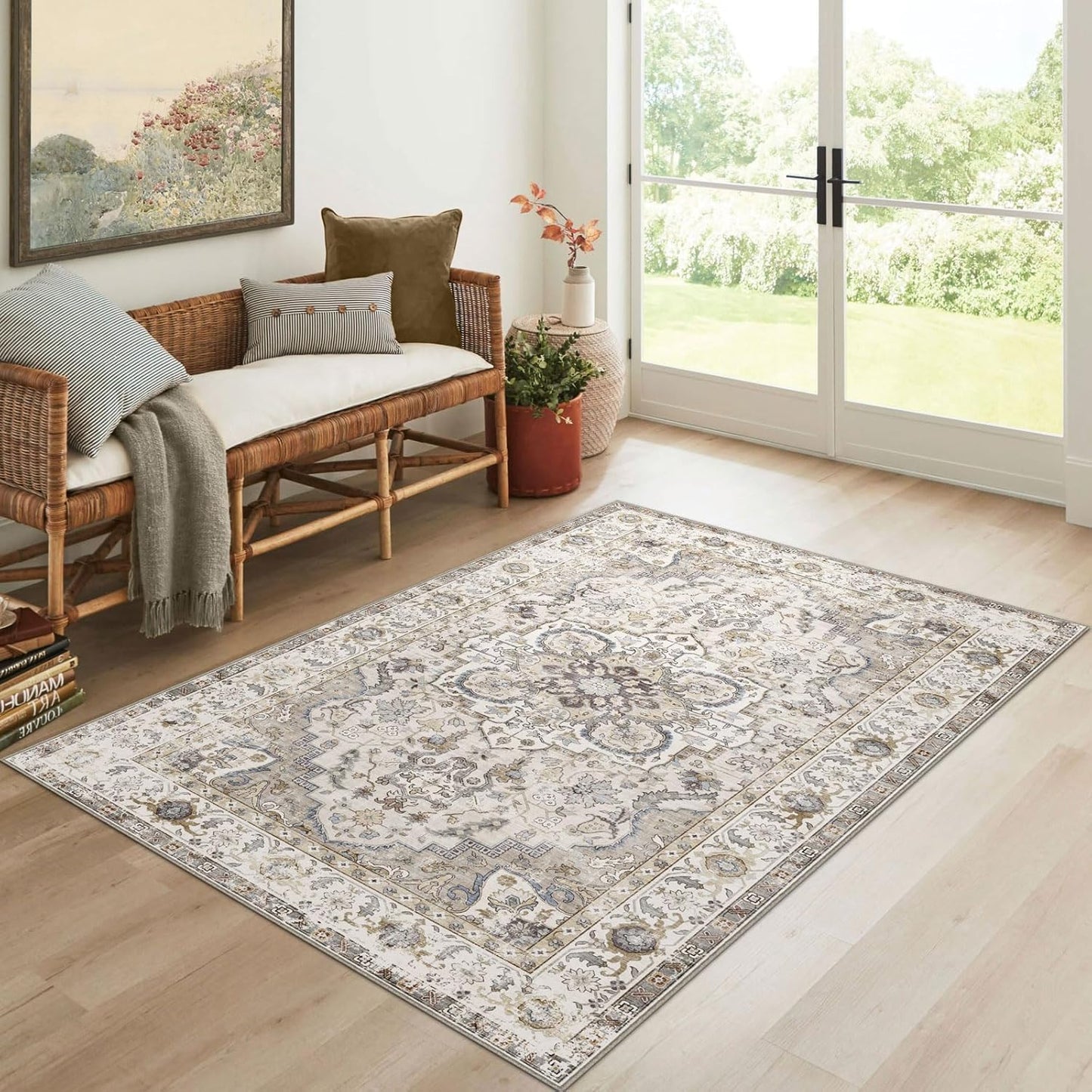 3x5 Washable Area Rug - Small Entryway Rug Non-Slip Cream Vintage Oriental Kitchen Rugs Low Pile Boho Carpet Throw Rugs for Living Room Bedroom Bathroom Entrance Dorm Office Home Decor