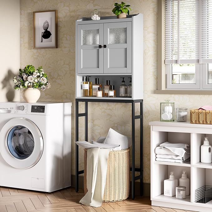 Over The Toilet Storage Cabinet, Bathroom Organizer Over Toilet with Double Doors and Soft Hinges Above Toilet Bathroom Storage Shelf Over The Toilet Storage (Gray)