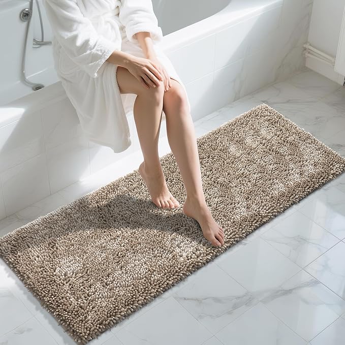 Yimobra Long Bathroom Rugs Runner 60x24 Inch, Extra Thick Soft Absorbent Chenille Bath Mat, Non Slip Machine Washable, Quick Dry Bath Rugs for Bathroom Floor, Tub and Shower, Camel