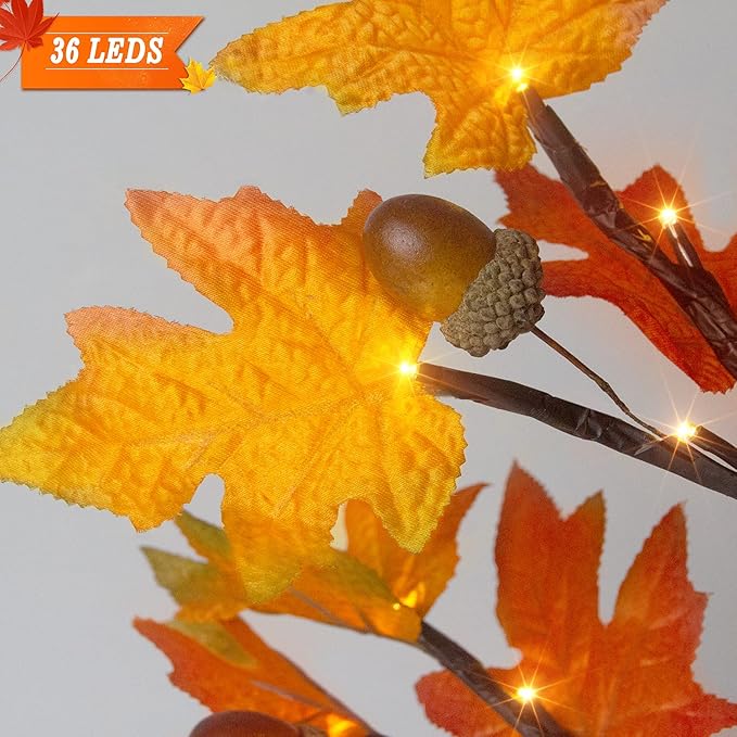 FastDeng 1.5ft Lighted Maple Tree-Artificial Fall Tree Light, Timer 36 LED Warm White Autumn Tabletop Tree Lights Battery Operated for Indoor Fall Harvest Home Decor, Thanksgiving Decorations (2Pack)