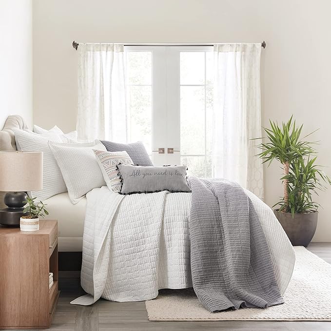 Levtex Home Mills Waffle Full/Queen Quilt Set (88x92in) with 2 Pillow Shams (26x20in) - Bright White - 100% Cotton Full/Queen Size Quilt Bedding Set - Lightweight, Soft, Pre-Washed