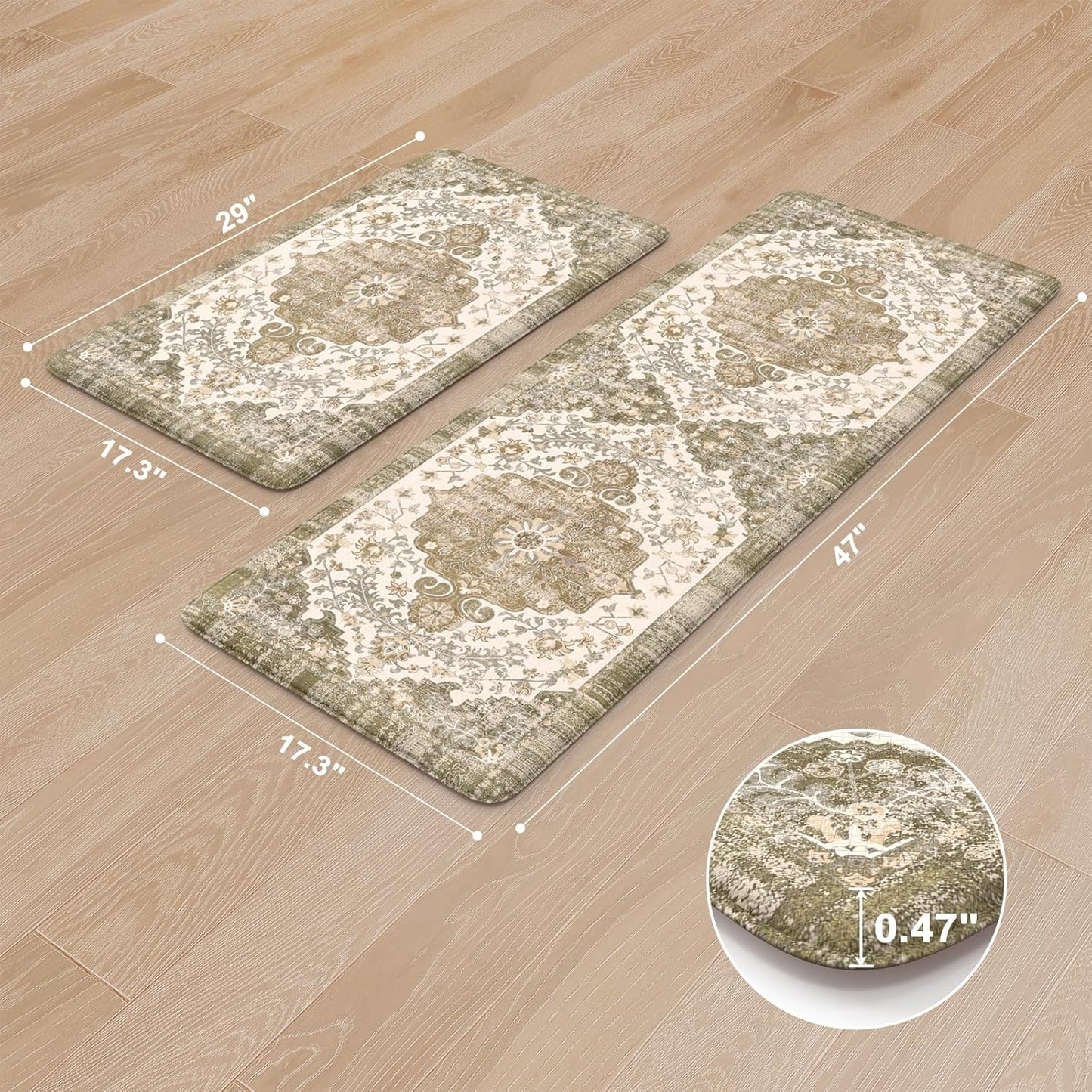KIMODE Anti Fatigue Mats for Kitchen Floor 2 Piece, Boho Floral Kitchen Rugs Non Slip, Cushioned Kitchen Floor Mats, Comfort Standing Desk Mat for Sink, Laundry, Desk Khaki Multi 17"x47"+17"x29"
