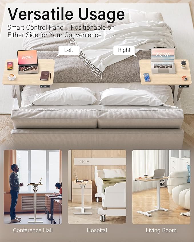 Mobile Standing Desk with Wheels - Electric Height Adjustable Small Movable Laptop Desk, Portable Rolling Computer Workstation Sit Stand Table for Home Office, Sofa & Bedside Use(23.6",Natural)