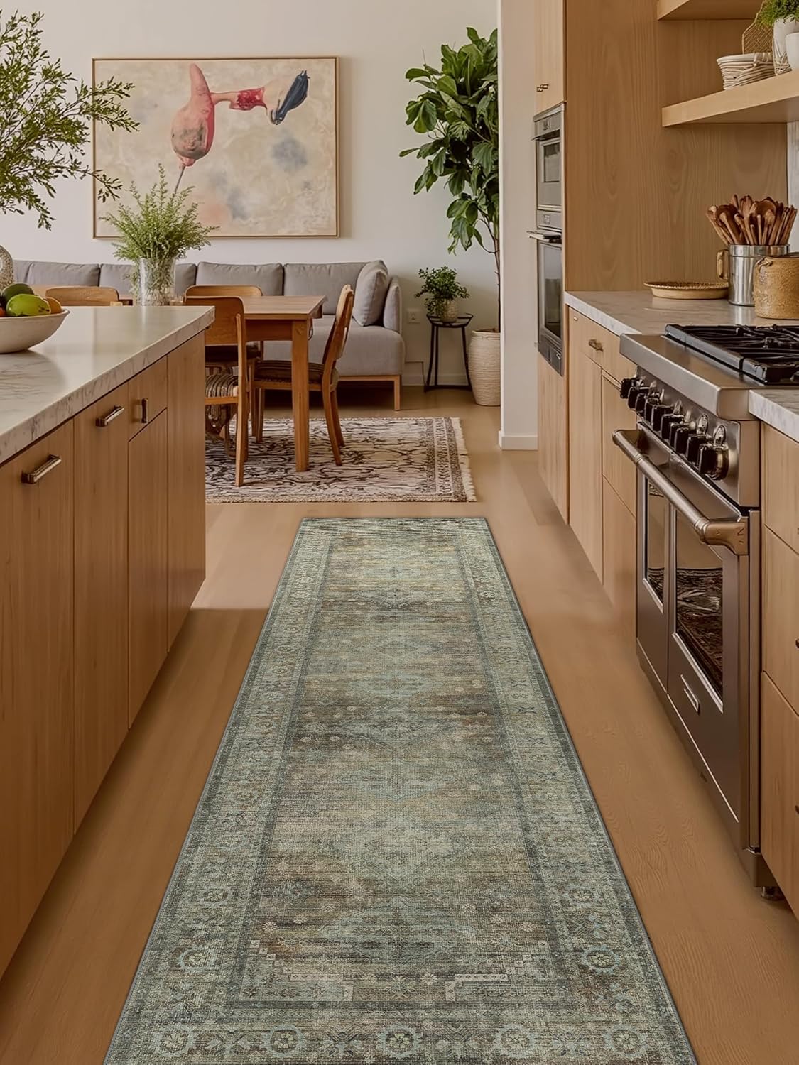 Runner Rug for Hallway Kitchen, 2x8 Machine Washable Runners Rug for Entryway, Soft Modern Boho Throw Rugs, Low Pile Floor Cover with Non Slip Backing, Distressed Light Greyish Sage Green