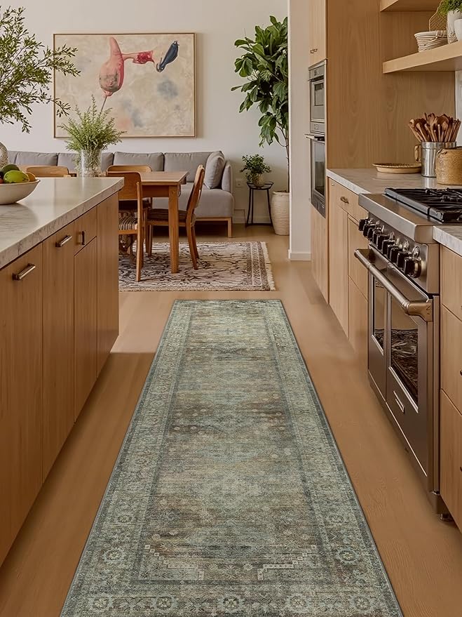 Runner Rug for Hallway Kitchen, 2x10 Machine Washable Runners Rug for Entryway, Soft Modern Boho Throw Rugs, Low Pile Floor Cover with Non Slip Backing, Distressed Light Greyish Sage Green