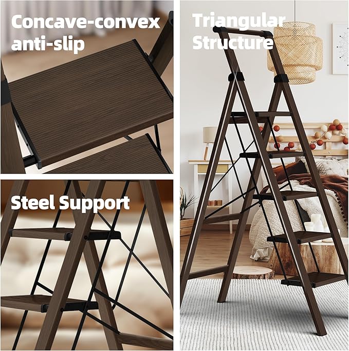 HillhutApex 5 Step Foldable Aluminum Step Ladder with Handgrip, Anti-Slip Pedal, 330lbs Capacity, Lightweight & Portable for Home, Kitchen, Office, Garage (Walnut)