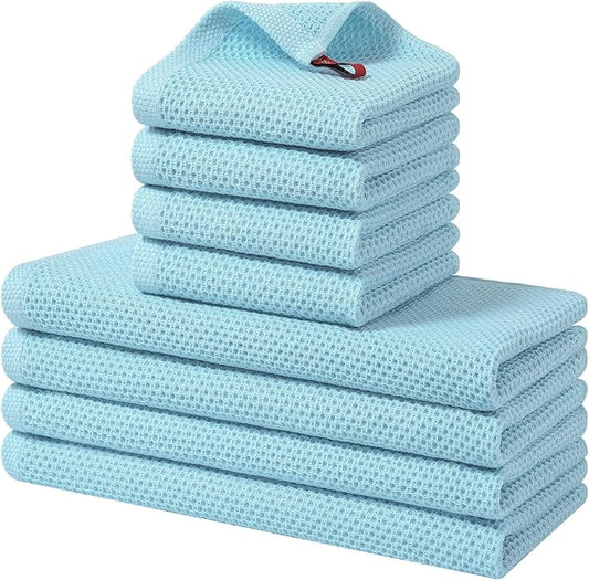 Homaxy 100% Cotton Kitchen Towels and Dishcloths Set, 12 x 12 Inches and 13 x 28 Inches, Set of 8 Bulk Kitchen Towels Set, Ultra Soft Absorbent Dish Cloths for Washing Dishes, Sky Blue