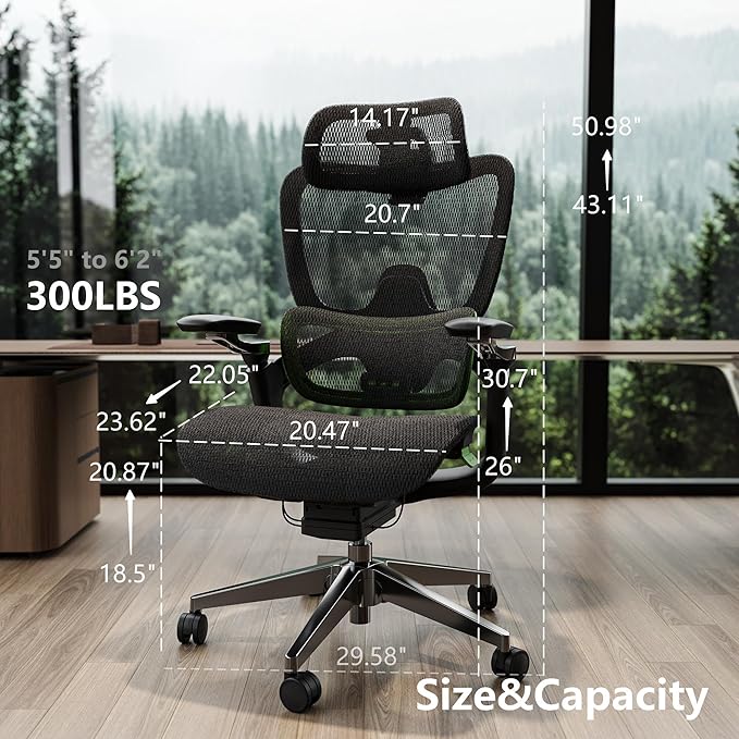 Ergonomic Office Chair, Mesh Home Office Desk Chair with Adaptive Lumbar Support, Gaming Chair with Headrest, 5D Armrest,90-130°Tilt, BIFMA Certified, Model Zen (Green)