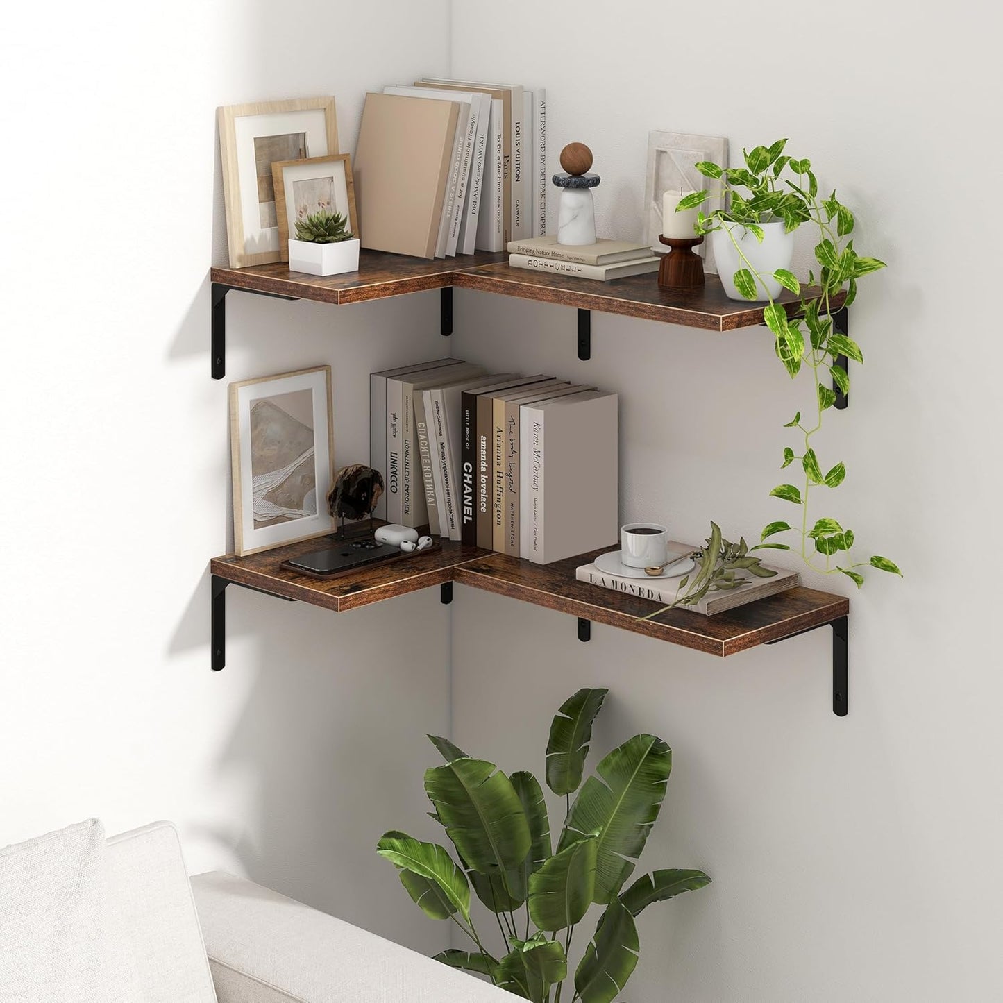 Fun Memories Deep Floating Shelves, 16W x 8D Floating Shelves Set of 2, Wall Mounted Shelf with Metal Brackets, Rustic Wood Wall Shelf for Bathroom, Kitchen and Living Room, Rustic Brown