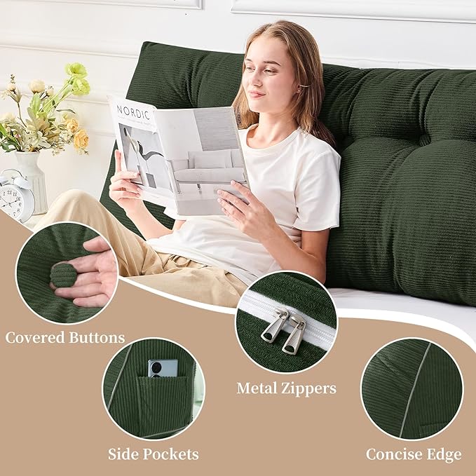 Sasttie Headboard Pillow Queen, Triangular Wedge Pillow Headboard, Wedge Headboard Pillow for Bed Sofa, Daybed Pillows for Sitting up, Reading or Working with Removable Cover, Olive Green
