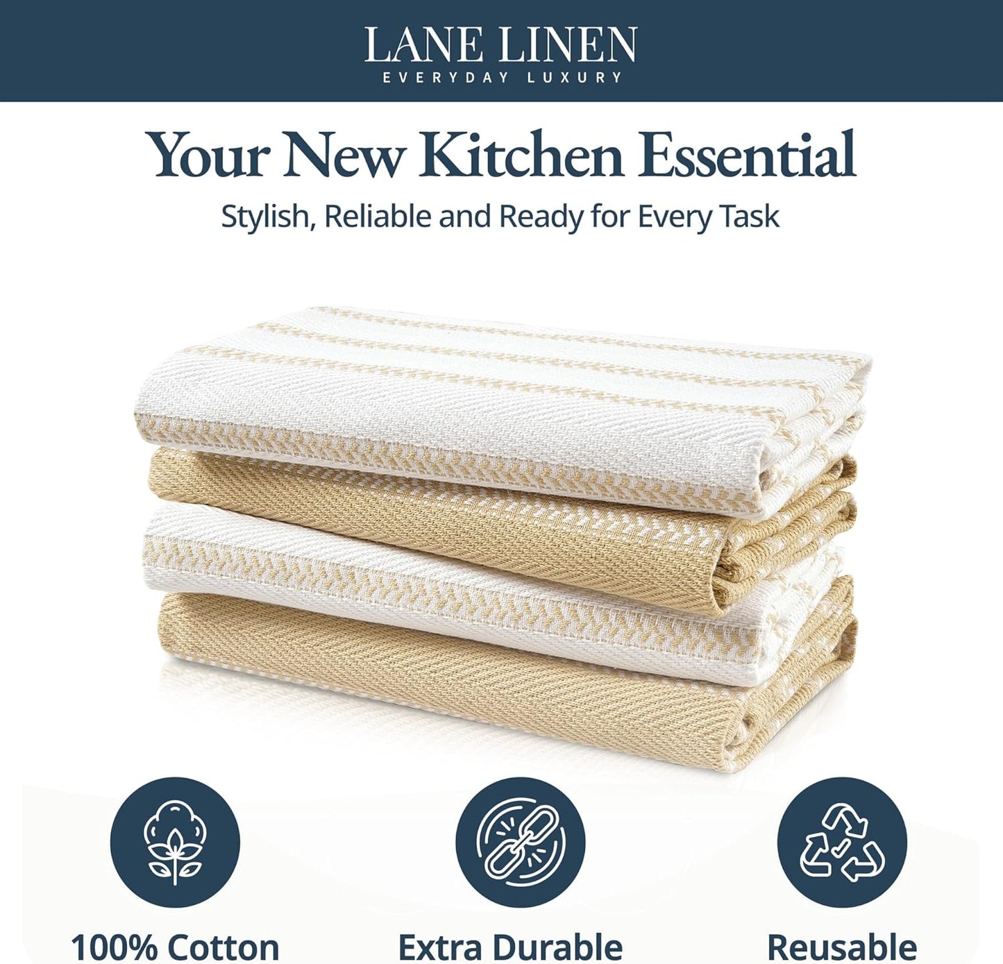 LANE LINEN Kitchen Towels Set of 4-18”x28” Absorbent Cotton Dish Towels, Quick-Drying Hand & Tea Towels for Kitchen, Light Tan
