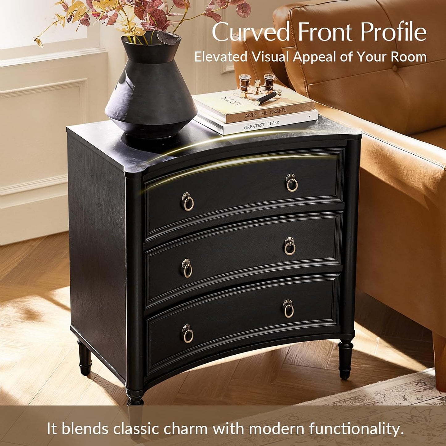 HULALA HOME 3 Drawer Nightstands Set of 2 with Charging Station, 26" Wide Nightstands with Solid Wood Legs and Curved Profile, Classic Bedside Tables for Living Room Bedroom, Black