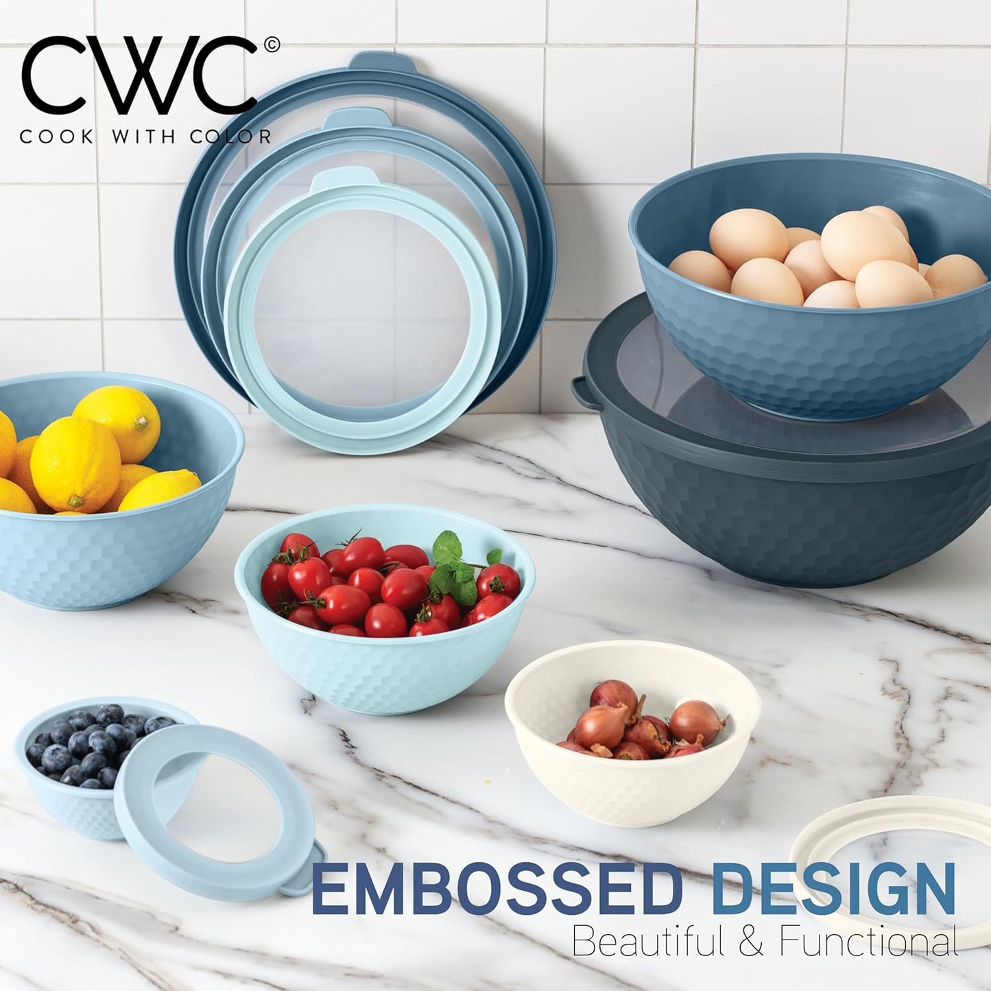 COOK WITH COLOR Mixing Bowls with Lids - 12 Piece Plastic Nesting Bowls Set includes 6 Prep Bowls and 6 Lids, Non Slip Bottom and Embossed Design - Microwave Safe (Blue)