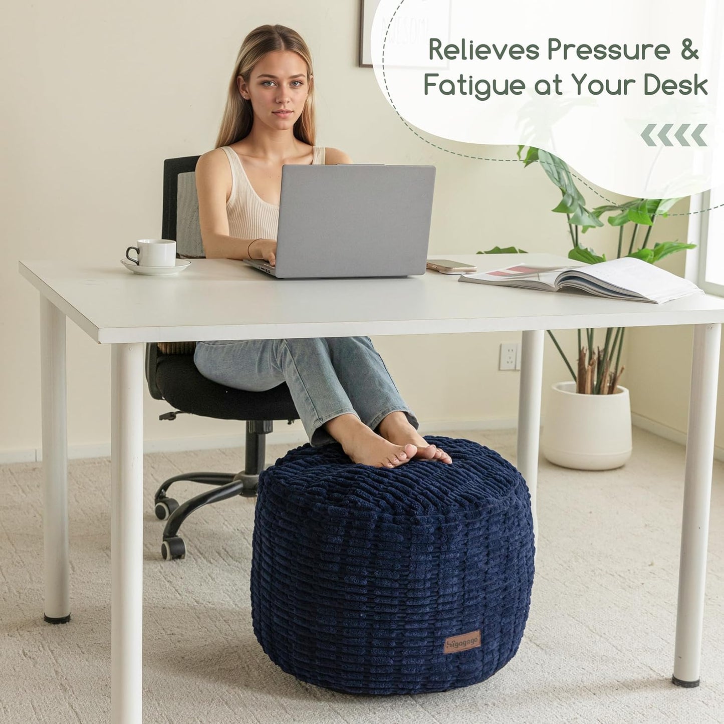 HIGOGOGO Pouf Ottoman Stuffed Round Modern Foam Filled Foot Rest Poufs for Living Room Chair Decorative 26 X 18 Inches Boho Relax Stool for Wedding Christmas Party, Navy Blue