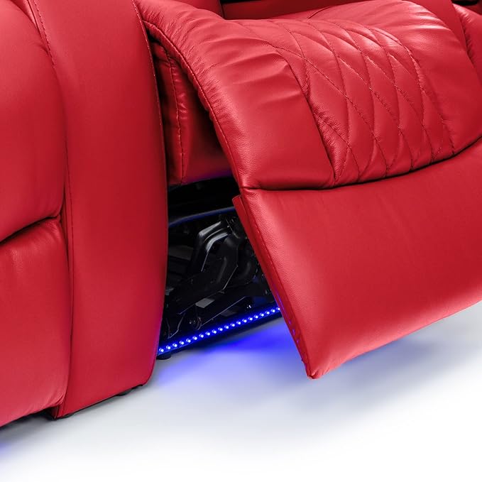 Seatcraft Diamante - Home Theater Seating - Living Room - Power Recline - Italian Leather - Powered Headrests - Cupholders - USB Charging - Ambient Lighting - Arm Storage, Red, Row of 2