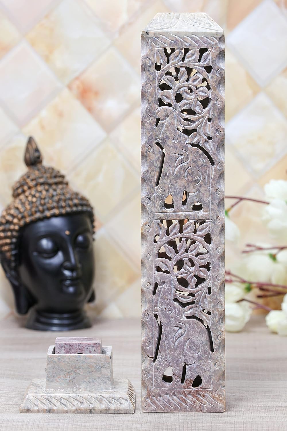 Crocon Handmade Incense Tower Burner Soapstone Leaf Design Tea Light Candle Holder | Incense Burner | Livingroom Decorative and Home Decor Best Gift Set - 3X3X11 Inch