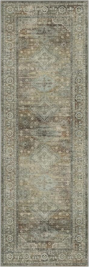 Runner Rug for Hallway Kitchen, 2x6 Machine Washable Runners Rug for Entryway, Soft Modern Boho Throw Rugs, Low Pile Floor Cover with Non Slip Backing, Distressed Light Greyish Sage Green