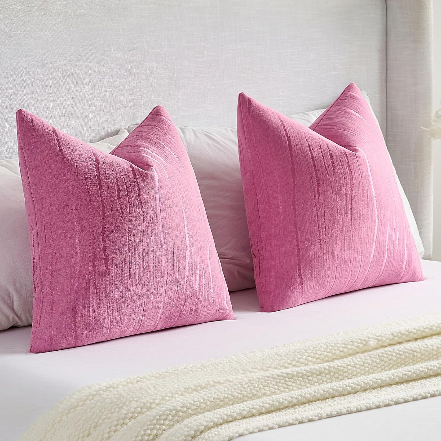 FUTEI Hot Pink Chenille Decorative Throw Pillow Covers 12x20 Inch Set of 2,Soft Embossed Striped Textured Lumbar Pillow Cases,Modern Home Decor for Couch Bed Living Room