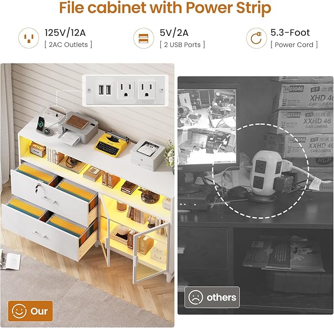 SEDETA 59" File Cabinet, 2 Drawers Filing Cabinets for Home Office fit Legal/Letter/A4 File, File Cabinet with Lock & Power Outlets, Printer Stand with Storage & LED Lights, White
