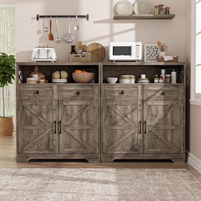 31.5" Rustic Grey Farmhouse Storage Cabinet with Barn Doors and Drawers, Sideboard Buffet Cabinet with Storage, Kitchen Pantry Hutch, Coffee Bar Station Table for Kitchen, Livingroom, Bathroom