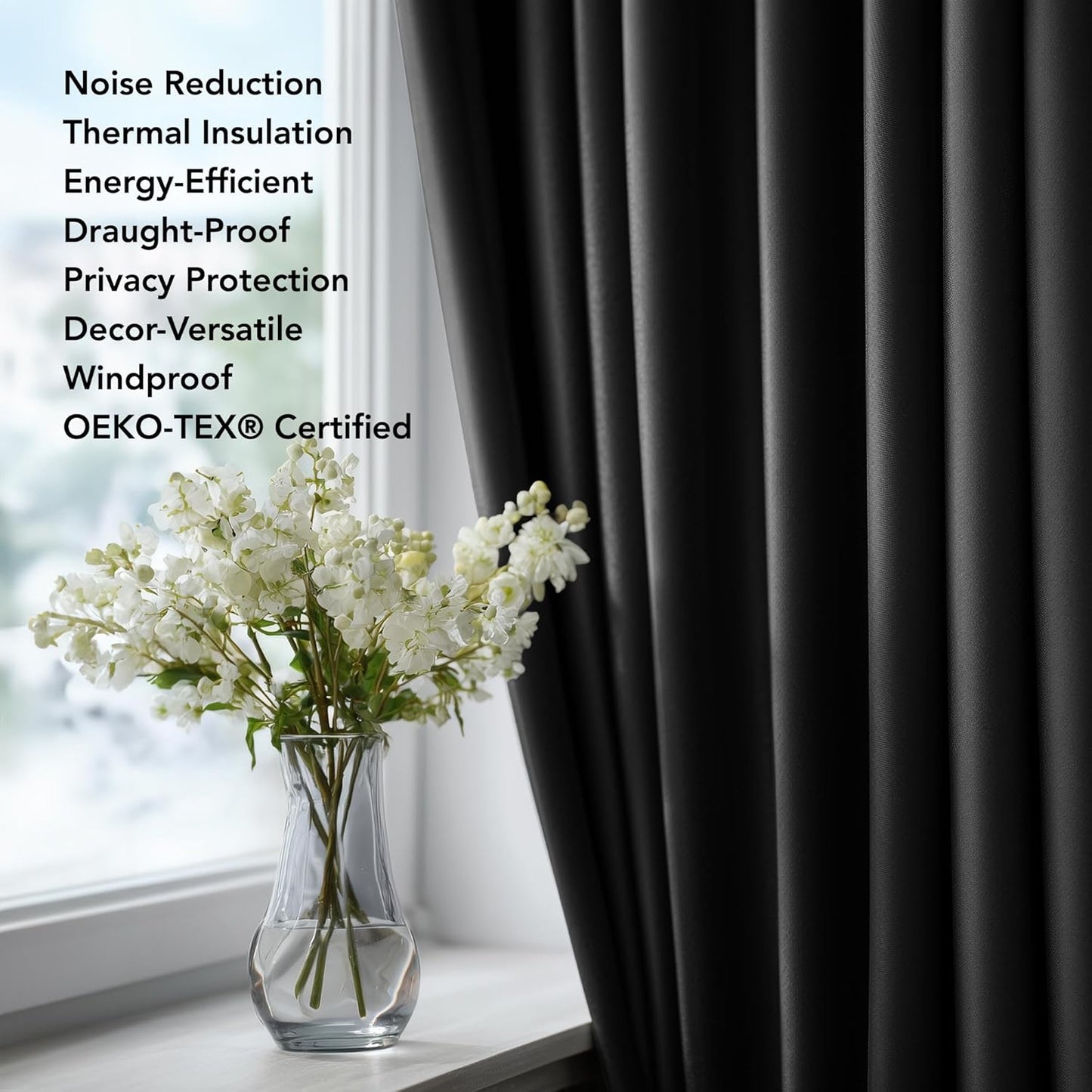 Deconovo Blackout Curtains for Bedroom – Set of 2 52W x 45L Inch Thermal Insulated & Noise Reducing Panels–Home Window Room Darkening Sustainable Grommet Drapes for Living Room and Nursery, Black