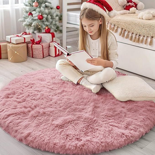 OLANLY Pale Pink Round Rugs for Bedroom - Machine Washable, 4 ft Circle Area Rugs for Living Room, Soft and Fluffy Shaggy Carpet for Teen Girls and Boys, Nursery Rooms, Dorms, Home Decor Aesthetic