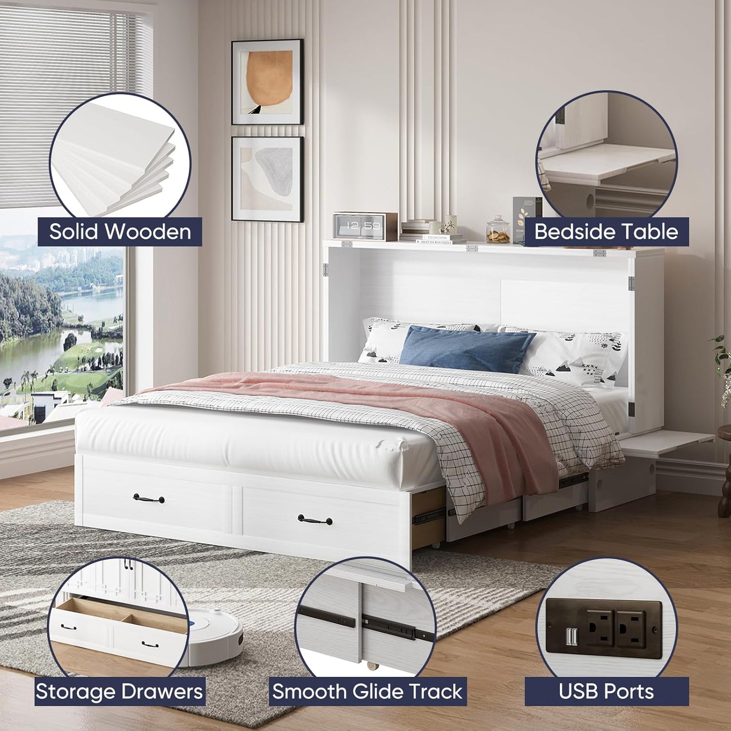 ijuicy Cube Murphy Bed Queen, Murphy Chest Cabinet Bed with 3 Level Foldable Memory Foam Mattress & 2 Large Drawers & Charging Station for Guests Room/Bedroom(White)