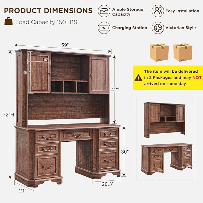 T4TREAM 59" Farmhouse Executive Desk with Hutch,Wood Home Office Computer Desk, Featuring Keyboard Tray,Charging Station,File Drawer, Storage Cabinet,for Work and Study (Reclaimed Barnwood)