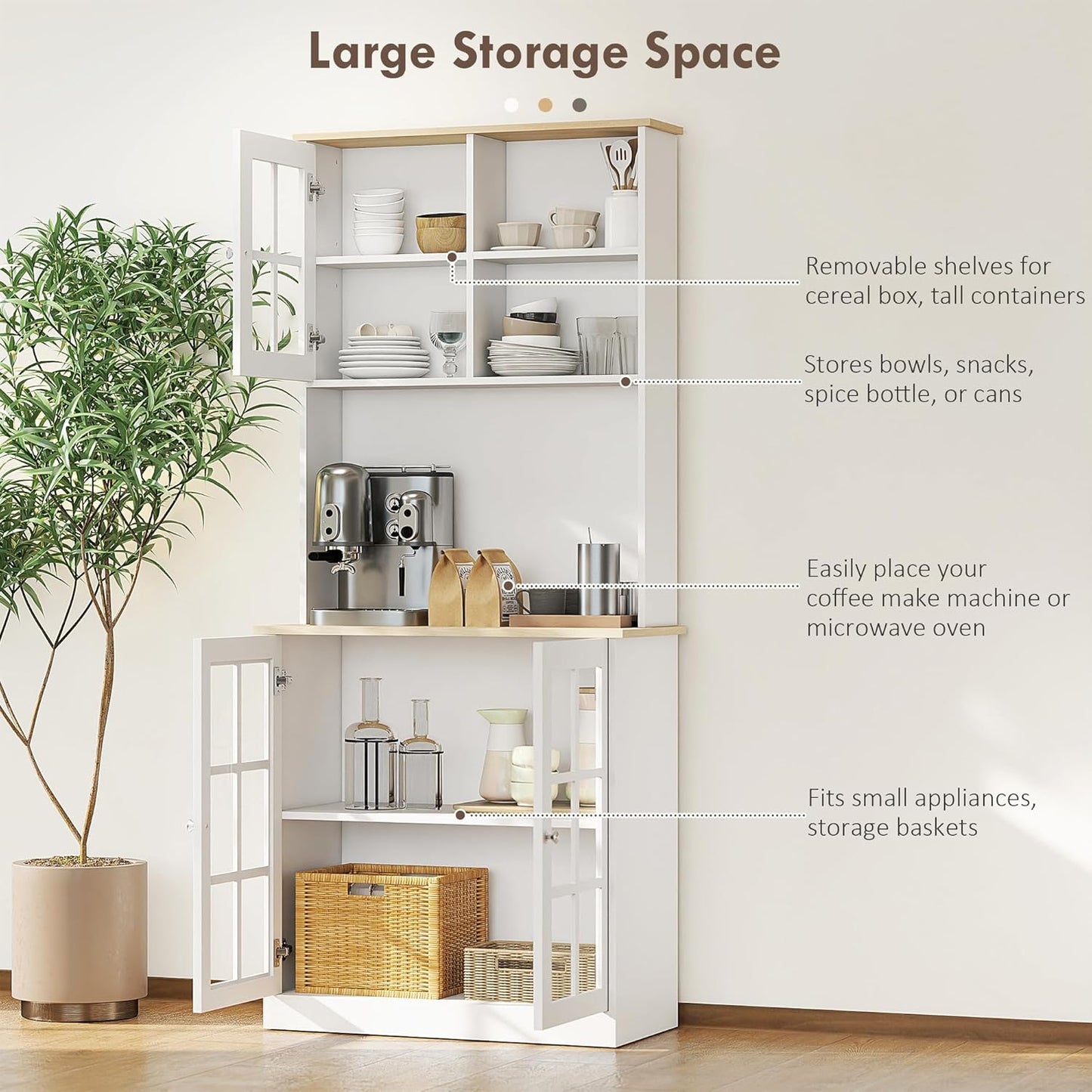 HOMCOM Kitchen Pantry Storage Cabinet, 72" Freestanding Cabinet with Hutch, Large Countertop, Glass Doors and Adjustable Shelves for Dining Room, White