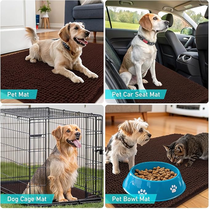 OLANLY Dog Door Mat for Muddy Paws 40x24, Absorbs Moisture and Dirt, Absorbent Non-Slip Washable Doormat, Quick Dry Chenille Mud Mat for Dogs, Entry Indoor Entryway Carpet for Inside Floor, Brown