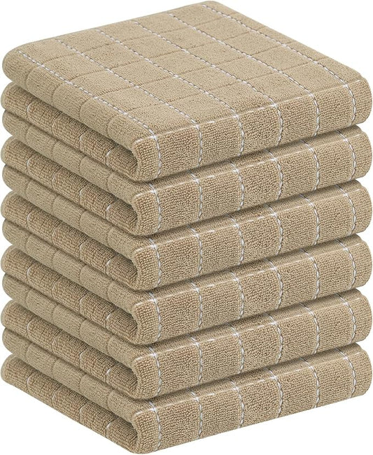 Homaxy 100% Cotton Terry Kitchen Towels(Tan, 13 x 28 inches), Checkered Designed, Soft and Super Absorbent Dish Towels, 6 Pack