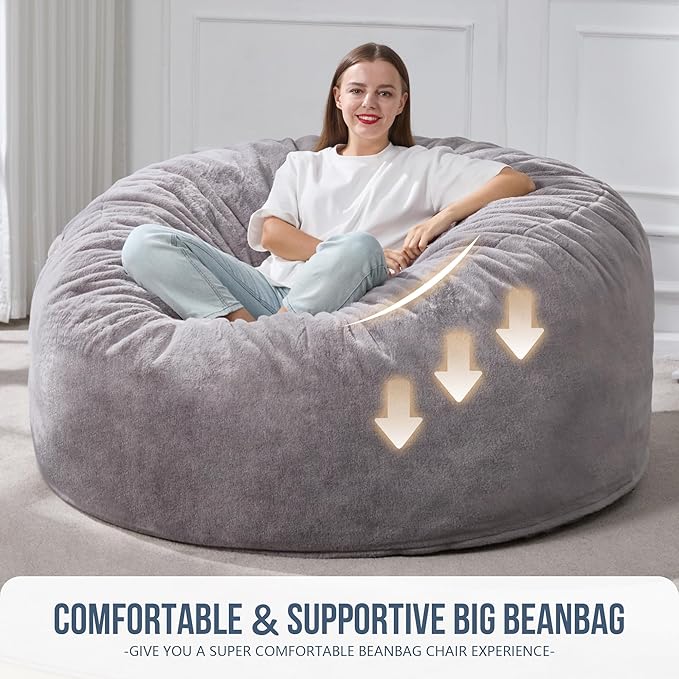 Hobestluk 5ft Bean Bag Chairs for Adults Large Beanbag Chair with Plush Faux Fur Cover Big Bean Bag Chair for Living Room Bedroom Dorm Office - Grey (50” x 50” x 24”)