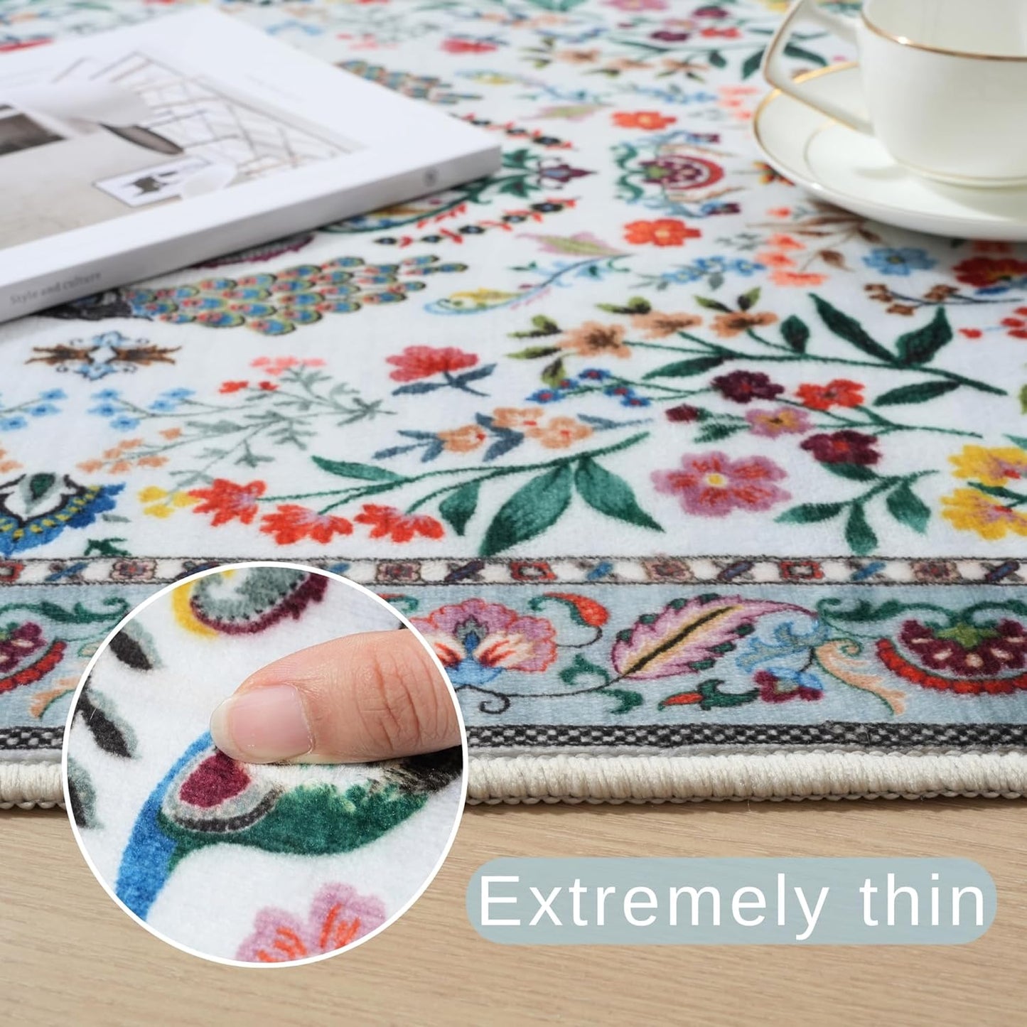 Living Room Rug 5x7 Rug Machine Washable Area Rug Floral Non-Slip Low Pile Large Rugs for Living Room, Bedroom, Farmhouse, Dining Room, Kids Playroom(Colorful)