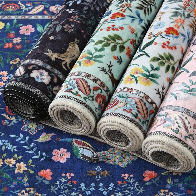 3x5 Rug Washable Area Rug Floral Office Rug Non Slip Small Carpet for Bedroom, Bedside, Kitchen, Entryway, Kids Room, Office(Blue)