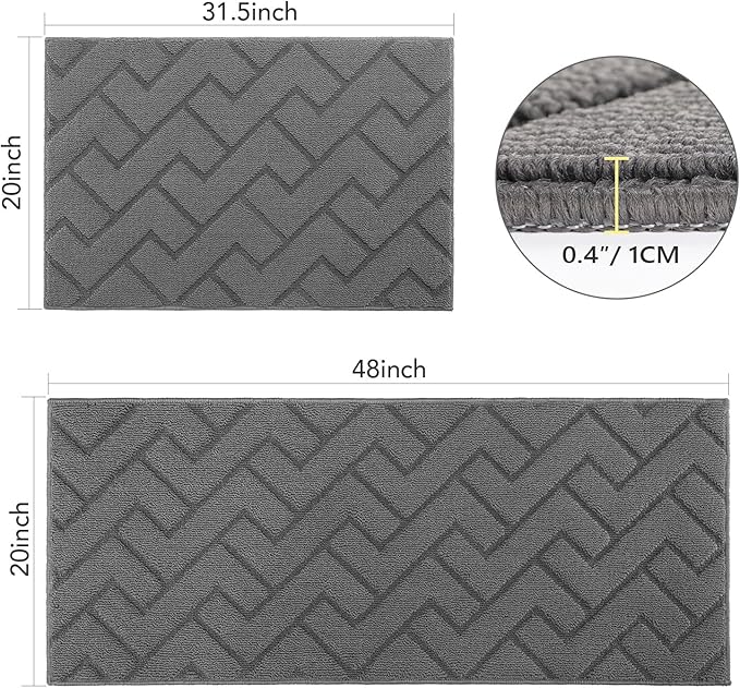 hicorfe Kitchen Rugs and Mats Sets,2 Pieces Super Absorbent Polypropylene Non-Slip Rug,Soft Comfort Floor Mat,Machine Wash for Kitchen,Hallway,Office,Sink,Laundry(20" x 31.5"+20" x 48",Grey)