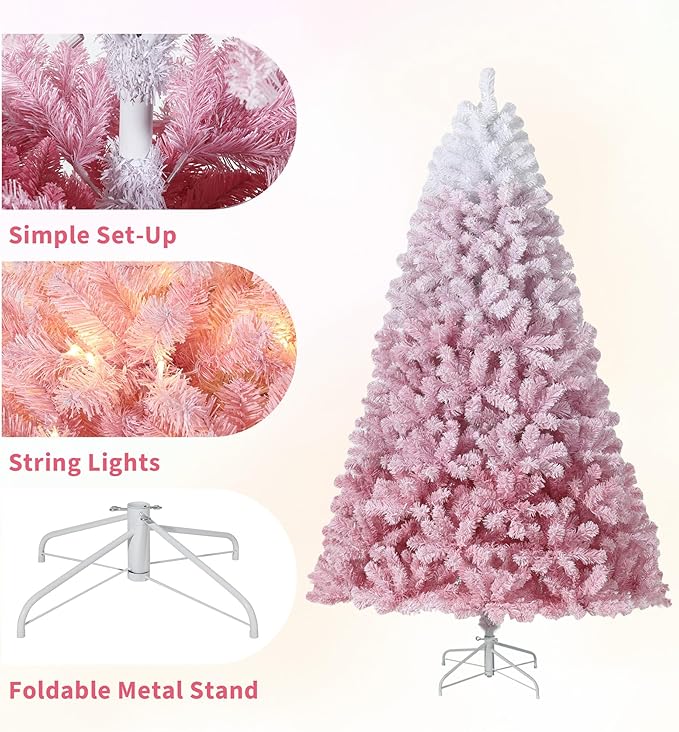 GarveeHome Pink Christmas Tree, 7.5ft Snow Flocked Artificial Christmas Tree with LED Warm White Lights & Metal Stand, Prelit Xmas Holiday Decoration for Home, Office, Party