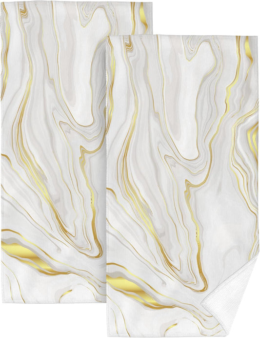 White Gold Marble Bathroom Hand Towels 2 Piece Marble Texture Decorative Bath Towels for Bathroom Yoga Swim Hotel Spa Home Decor 14x28 Inch
