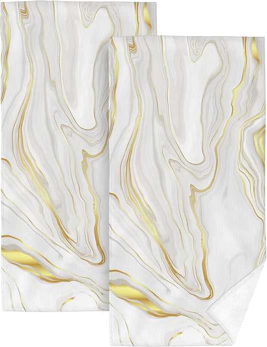 White Gold Marble Bathroom Hand Towels 2 Piece Marble Texture Decorative Bath Towels for Bathroom Yoga Swim Hotel Spa Home Decor 14x28 Inch