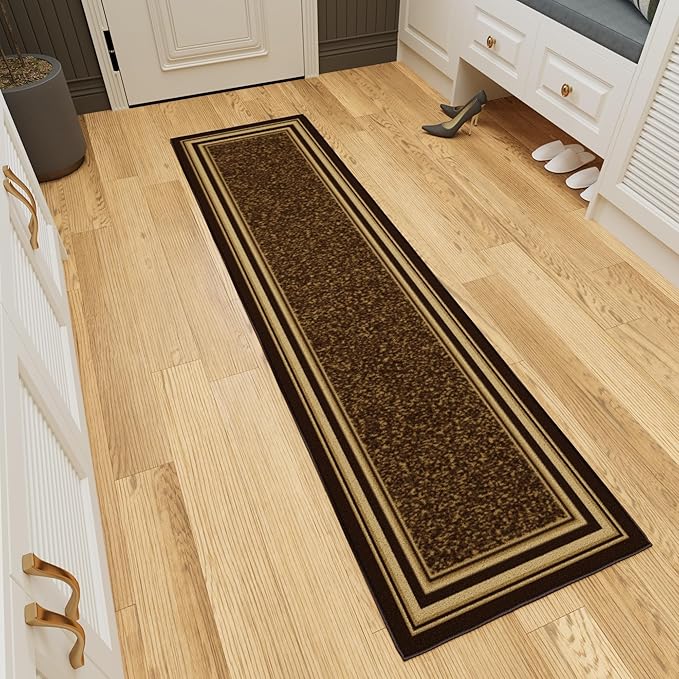 Ottomanson Hallway Runner Rug 1'10" x 7' Non Slip Border Area Rugs Easy to Clean Laundry Rug Runner Durable & Pet Friendly Floor Carpet Runners for Hallways Entryway Living Room Kitchen, Brown