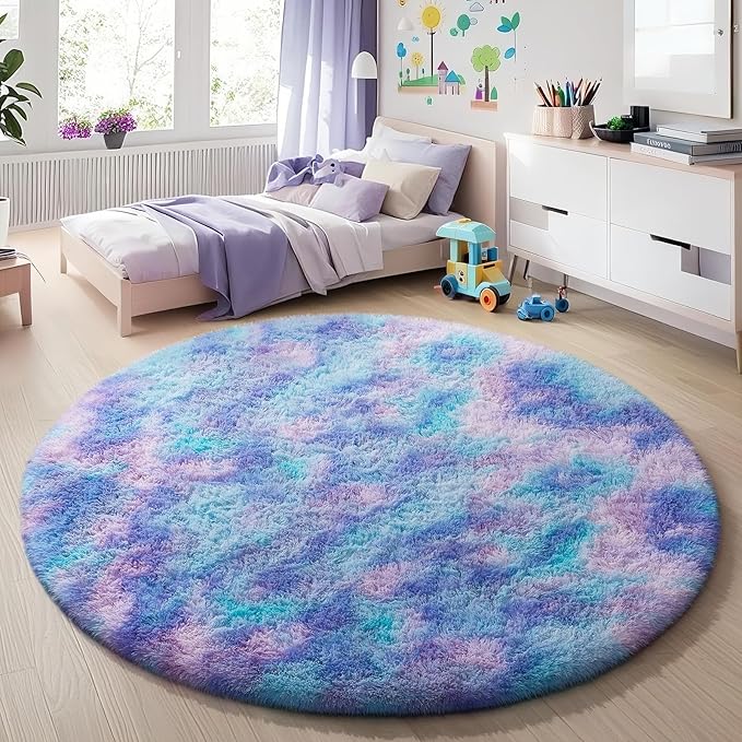 Ophanie Round Rugs 5Ft Tie-Dye Rainbow Purple Area Rug, Aesthetic Room Decor, Fluffy Fuzzy Bedroom Carpet, Plush Soft Shaggy Colorful Living Room Rugs for Kids Home Decor, Nursery