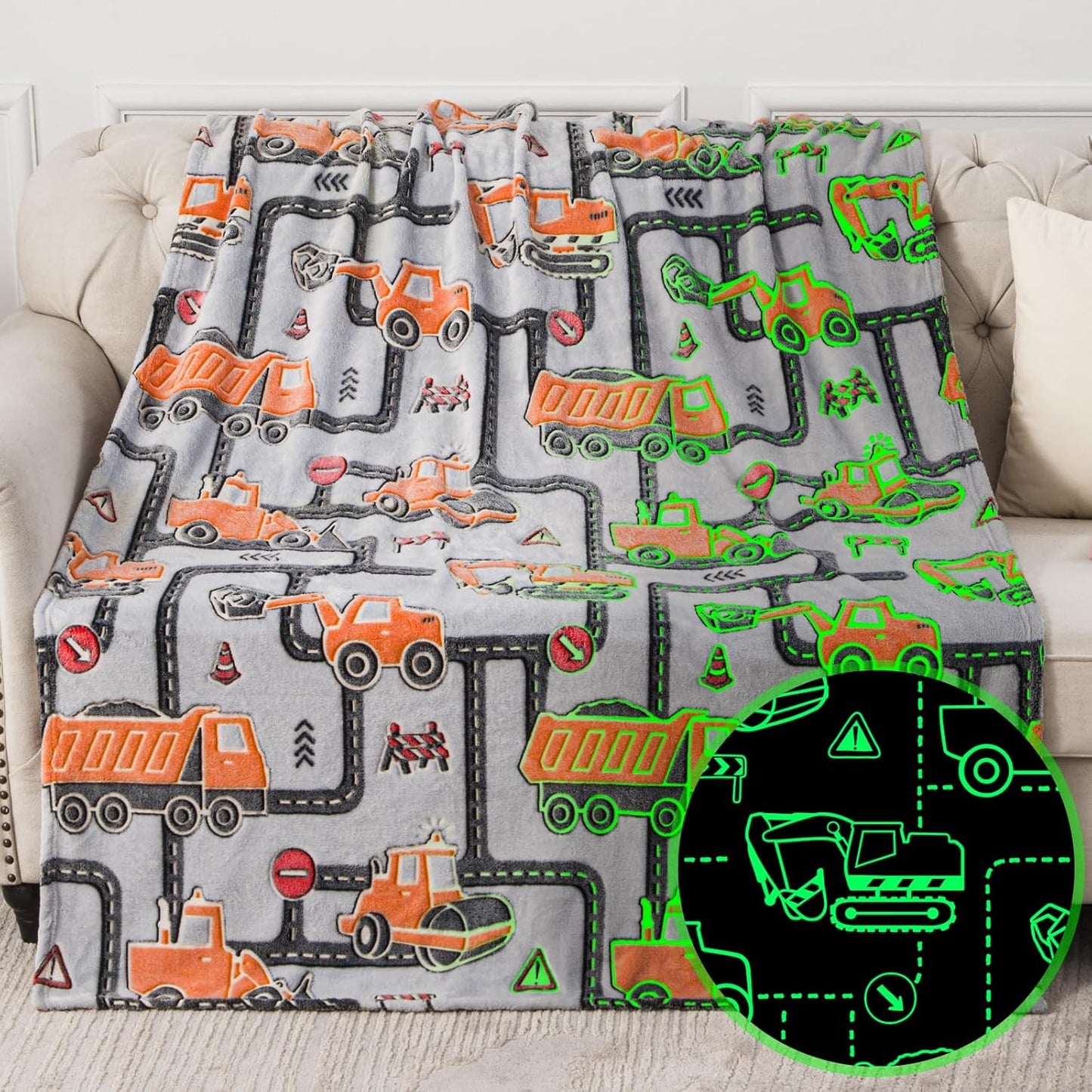 Kids Boys Construction Excavator Gifts Toys - Glow in The Dark Truck Blanket Birthday Christmas Valentine's Easter Gift for Age 1 2 3 4 5 6 7 8 9 10 Years Old Teen Toddlers Car Plush Throw 50"x60"
