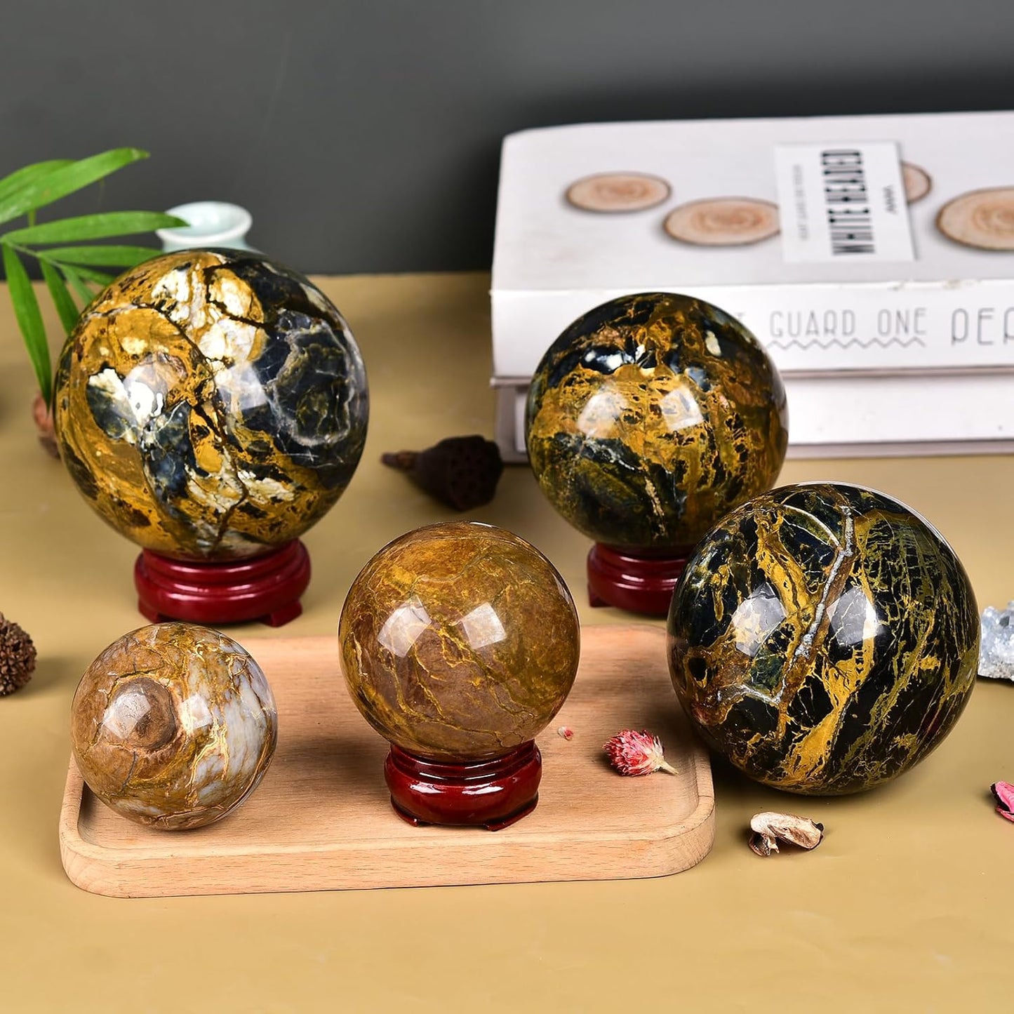 JIC Gem Pietersite Crystal Sphere with Wooden Stand,Decorative Crystal Ball Blues and Golden Browns Gemstone Sphere for Meditation,Feng Shui,Witch-Style Decor,Office Table Decorations 70-80mm