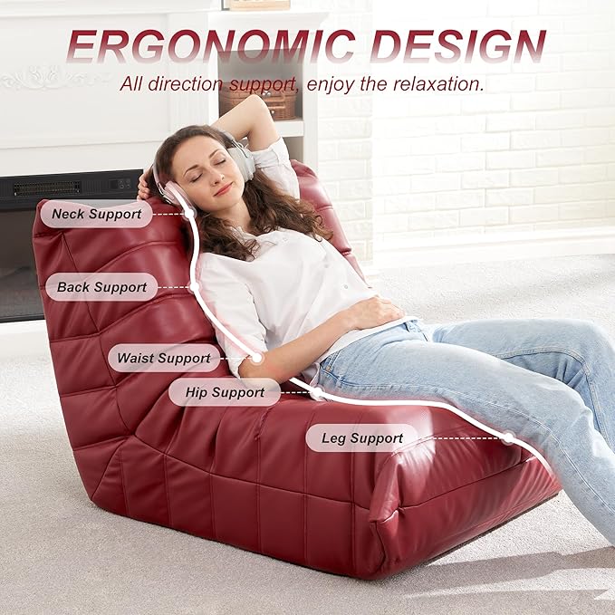 Hobestluk Giant Bean Bag Chair Lazy Floor Sofa, Memory Foam Fireside Sofa for Adults, Big Beanbag Faux Leather Armless Chair for Living Room Bedroom Dorm Office (WineRed, Single)