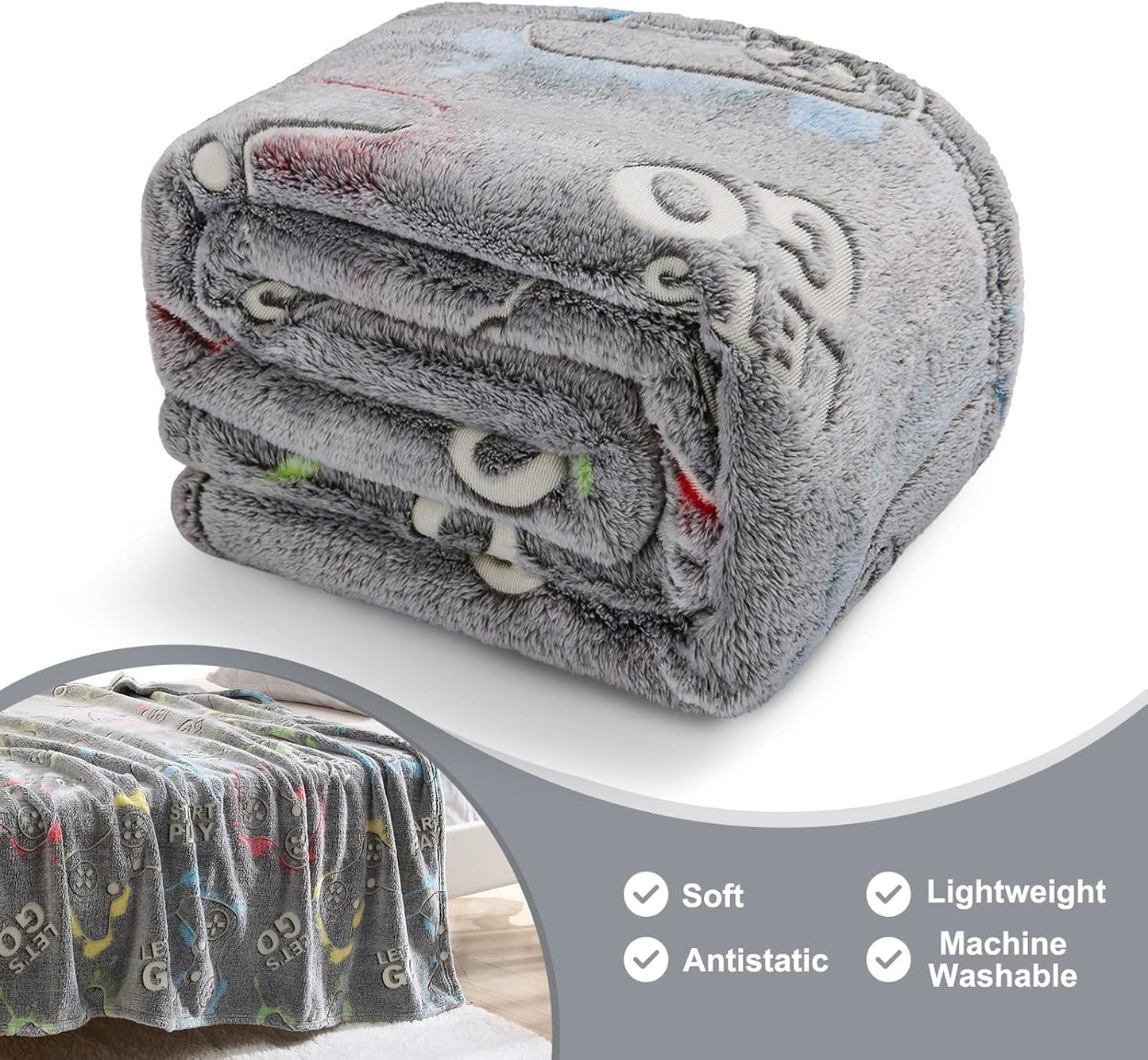 Jekeno Glow in The Dark Gaming Blanket Gamer Game Controller Throw Gift Toys for Boys Adults Men Women Gamepad Presents Birthday Halloween Christmas Bedroom Decor Luminous Blanket Grey 60"x80"