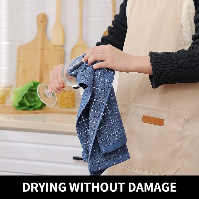 Homaxy 100% Cotton Terry Kitchen Towels(Navy Blue, 13 x 28 inches), Checkered Designed, Soft and Super Absorbent Dish Towels, 4 Pack