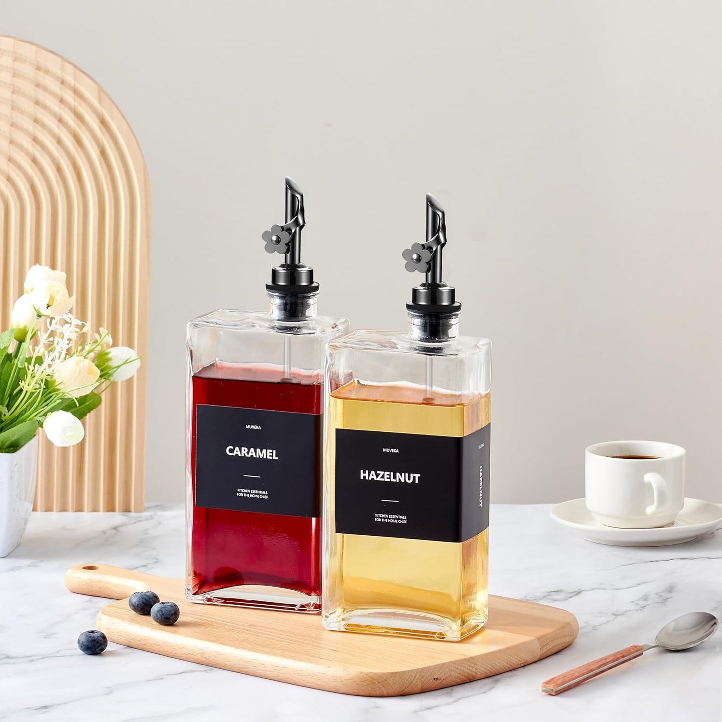 Olive Oil Dispenser Bottle for Kitchen, 16.9 oz/ 500 ml Vinegar Dispenser, Cooking Oil Dispenser Set, Glass Cruet with Pourer Spouts for Vinegar, Coffee Syrup Dispenser